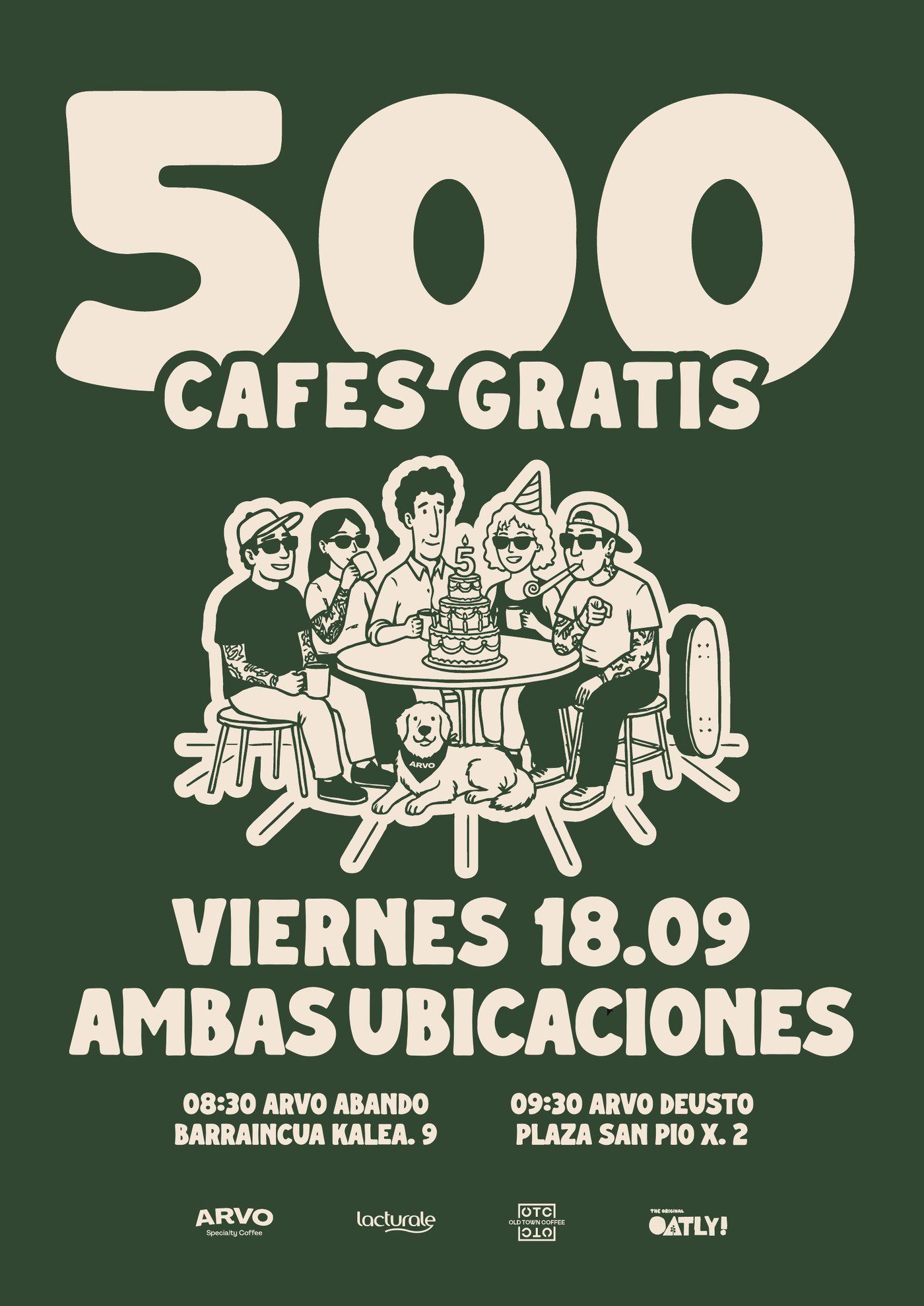 Cartel del 5º aniversario de ARVO: 500 cafés gratis el viernes 18 de septiembre en Abando y Deusto, Bilbao